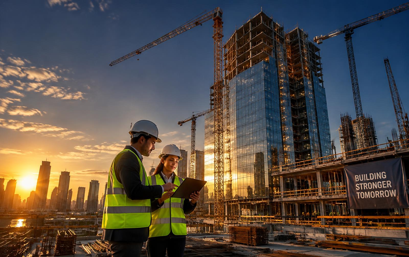 Engenheiros analisando dados em obra de edifício moderno com gruas